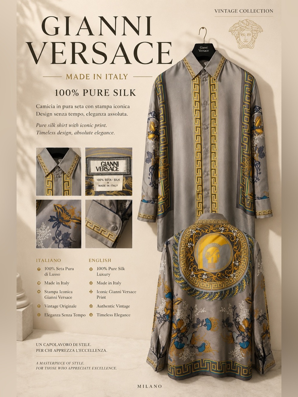 Versace silk Gray and Gold Baroque Print Top